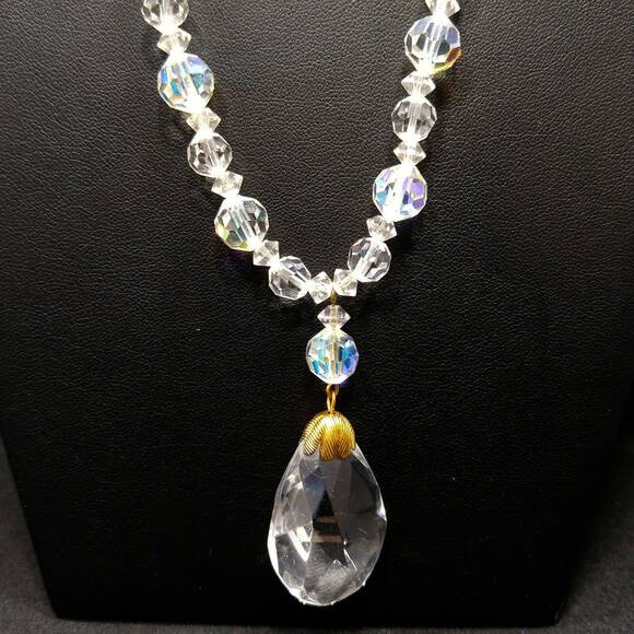 AB Crystal Beaded Necklace, Aurora Borealis 22" Clear Crystal Teardrop Pendant - Picture 4 of 10